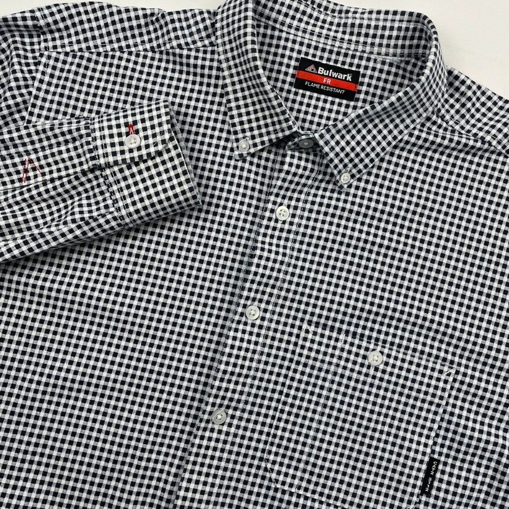Bulwark FR Long Sleeve Work Shirt Men Large 24" P2P Black White Check Plaid CAT2